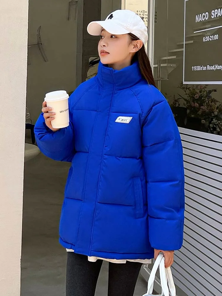 2022 Women's Oversized Jacket Blue Parka Outwear Stand Collar Short Winter Women Clothes Warm Streetwear Female Coat