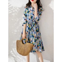womens sexy short sleeve dress ladies blue printing single breasted korean style casual street wear simple chic design dresses