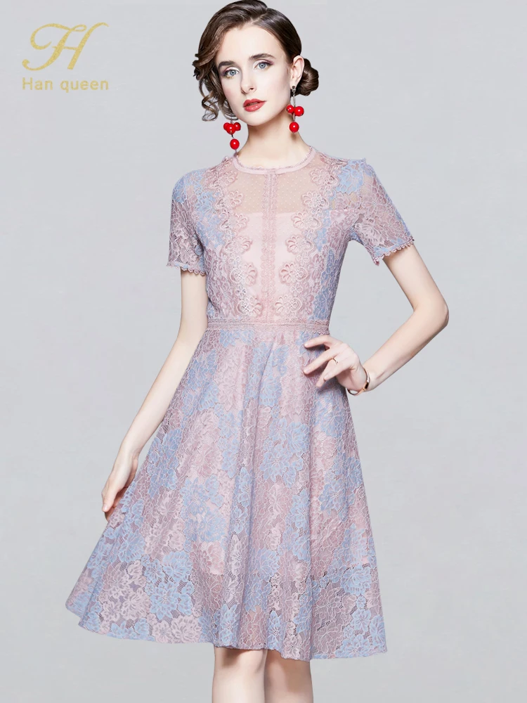 

H Han Queen New Color Matching A-line Lace Dress Women Summer Short Sleeve Swing Dresses Special Occasion Evening Party Vestidos