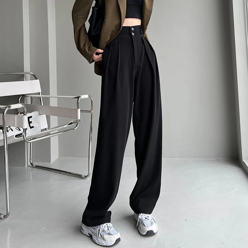 2023 New Korean Office Loose Straight Women Pants Fashion High Waist Wide Leg Pants for Women Black Gray Casual Suits Pants