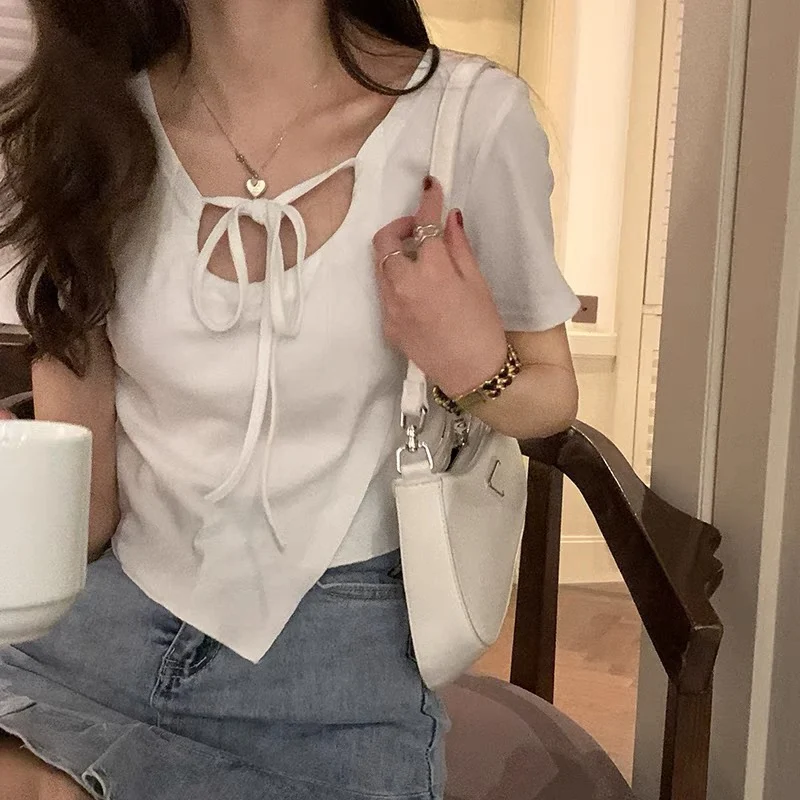 

Irregular Design Solid T-shirt Female Korean Japanese Slim Strap Top Stitching O-Neck Short Sleeve Tshirt Women 2021 Summer Tee