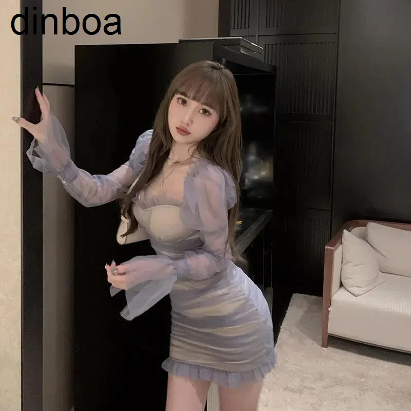 

Женское платье Dinboa, синее Сетчатое облегающее короткое платье, женское сексуальное платье