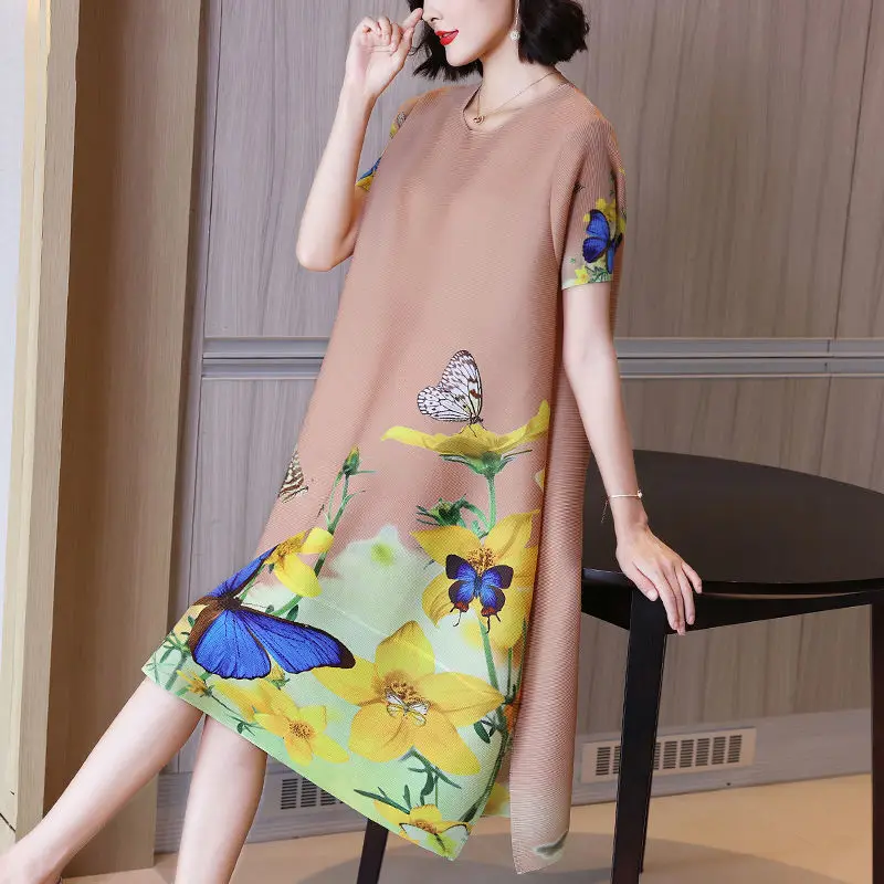 

Quality simple retro short-sleeved pleated dress summer 2021 fashion new high-end print large short sleeve o neck dress clothing