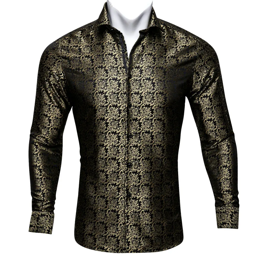 

Дизайнерская коричневая жаккардовая Мужская рубашка с длинным рукавом и цветочным принтом, новинка, отложной воротник, полиэстер, Повседне...