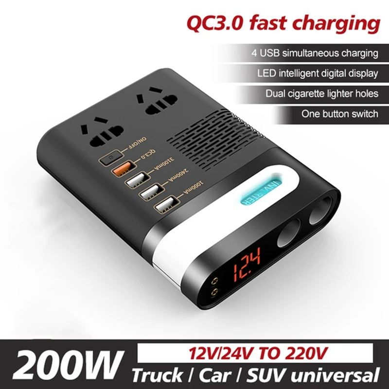 

200W Car Power Cigarette- Lighter Inverter DC 12V 24V to AC 220V Converter Transformer QC3.0 3A USB Charger