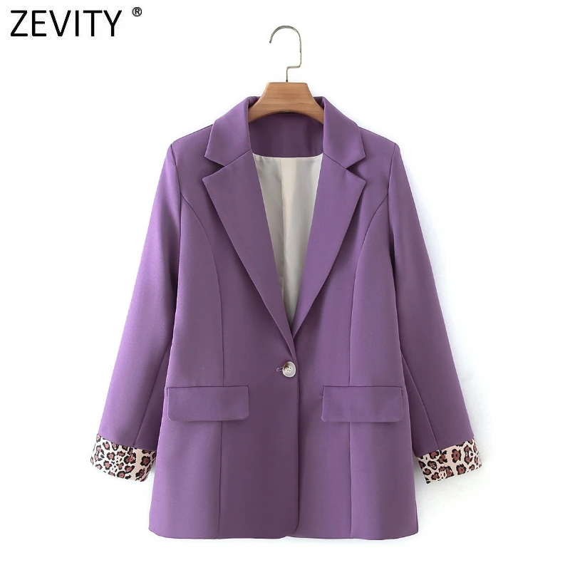 

Zevity Women Fashion Cuff Leopard Patchwork Purple Fitting Blazer Coat Office Lady Single Button Outerwear Suits Chic Tops CT690