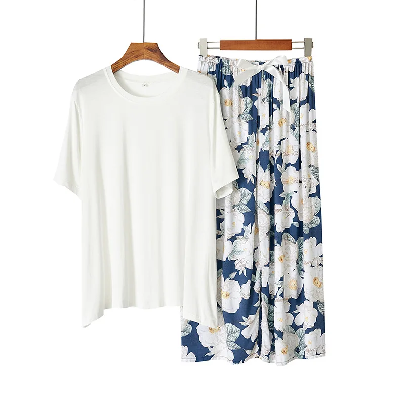 Leisure Japanese Style Summer Ladies Modal Cotton Pajamas Suit Simple Floral Pajamas Home Service Suit Women Two Piece Set