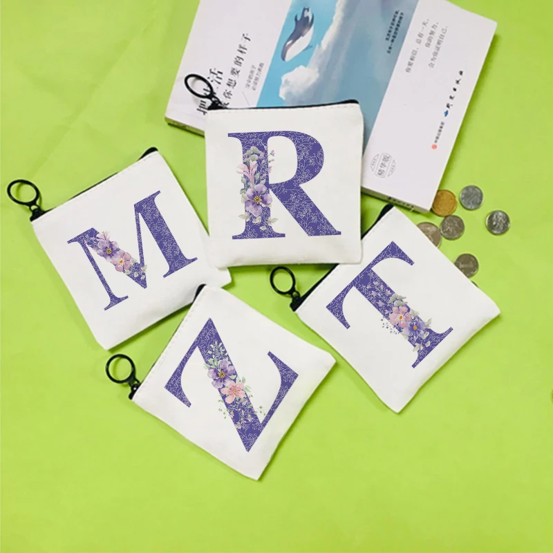 

Women Purple Letters Canvas Zipper Small Coin Bags Printing Fresh Mini Coin Holder Purses Girl Children's Wallet Key Purse Pouch
