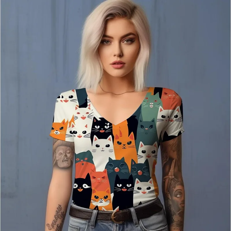 

Футболка женская с 3D-принтом милого кота, свободная футболка с V-образным вырезом, Новая повседневная простая футболка с коротким рукавом в стиле Харадзюку, на лето