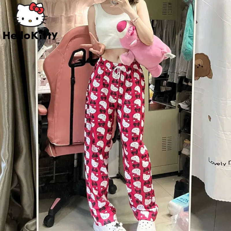 

Женские длинные брюки Sanrio с аниме-принтом Hello Kitty, летние американские ретро свободные брюки, повседневные широкие брюки для студенческого общежития