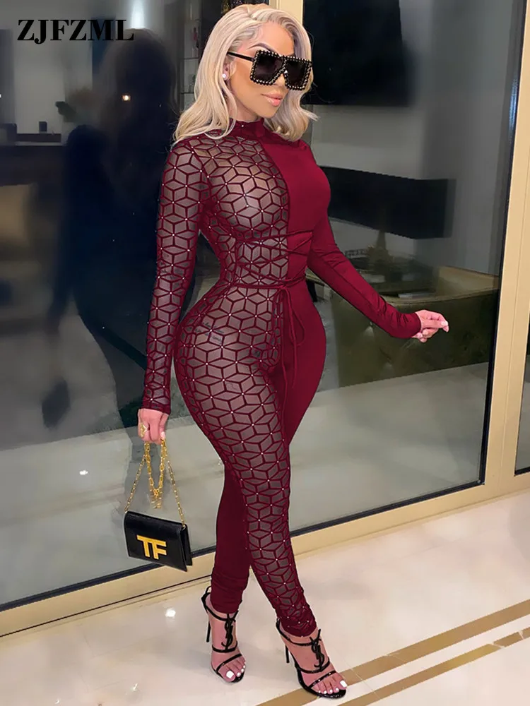 

Комбинезон женский сетчатый в клетку, пикантный облегающий прозрачный комбинезон в стиле пэчворк, с ложным воротником и длинным рукавом, уличная одежда, длинный комбинезон с цветными вставками