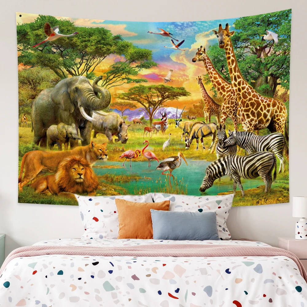 

Forest Wild Animal World Tapestry Tropical Jungle Safari Sunset Natural Wall Hanging Blanket Living Room Home Decor Tapestries