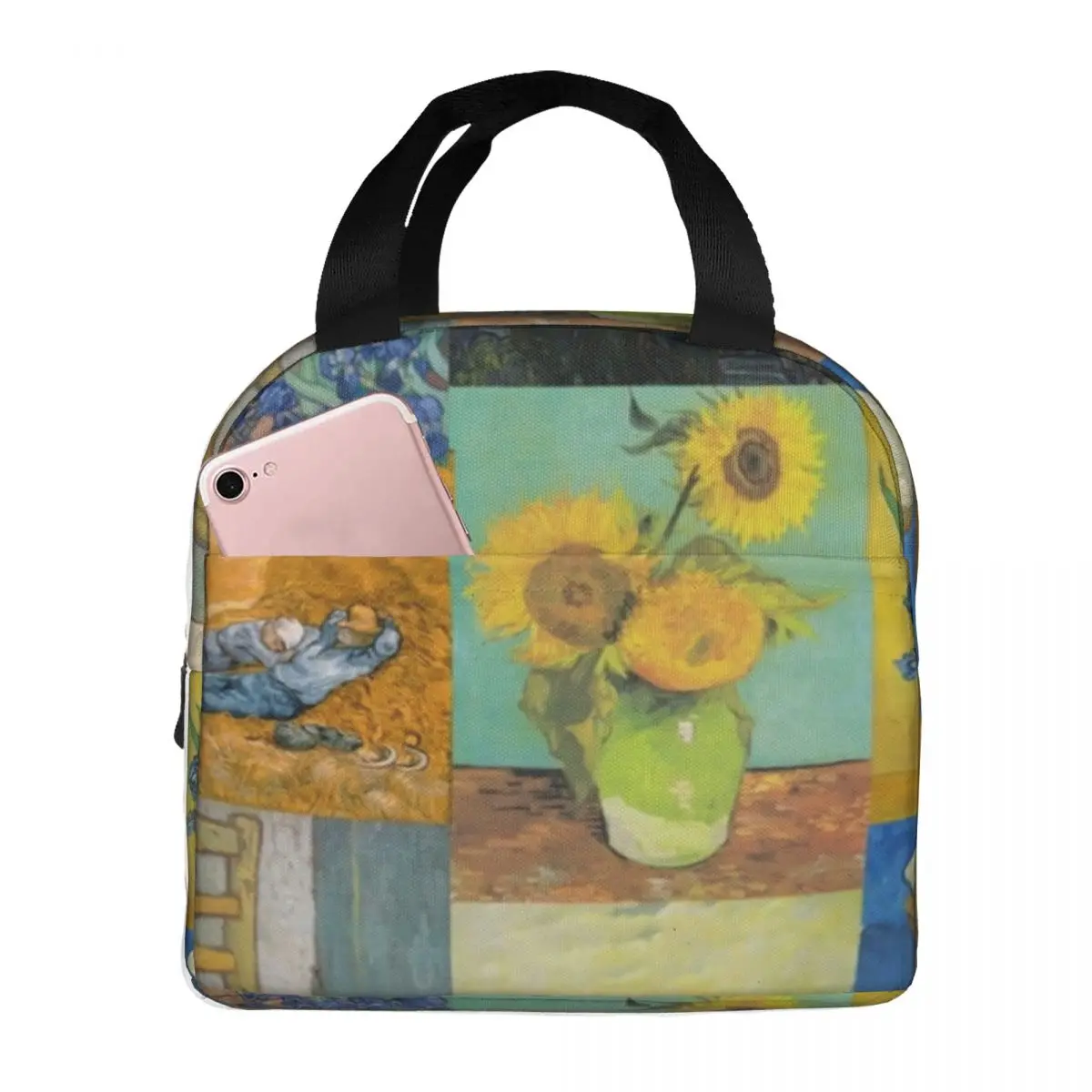 

Van Gogh Collage Lunch Bag with Handle Sunflowers Print Food Cooler Bag Fancy Cooling Refrigerator Thermal Bag