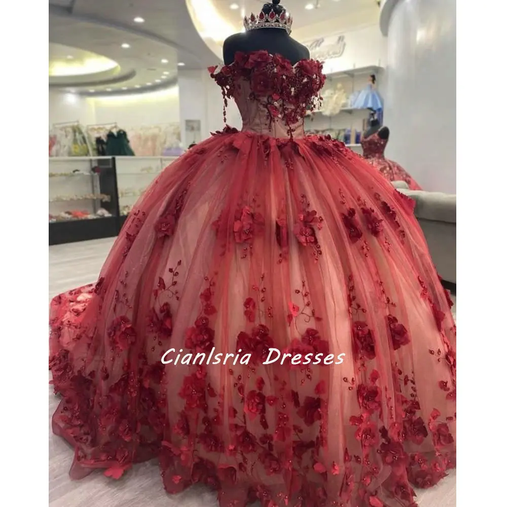 

Red Pearls Beading Mexican Quinceanera Dress Ball Gown Off The Shoulder 3D Flowers Lace Corset Vestidos De XV Anos