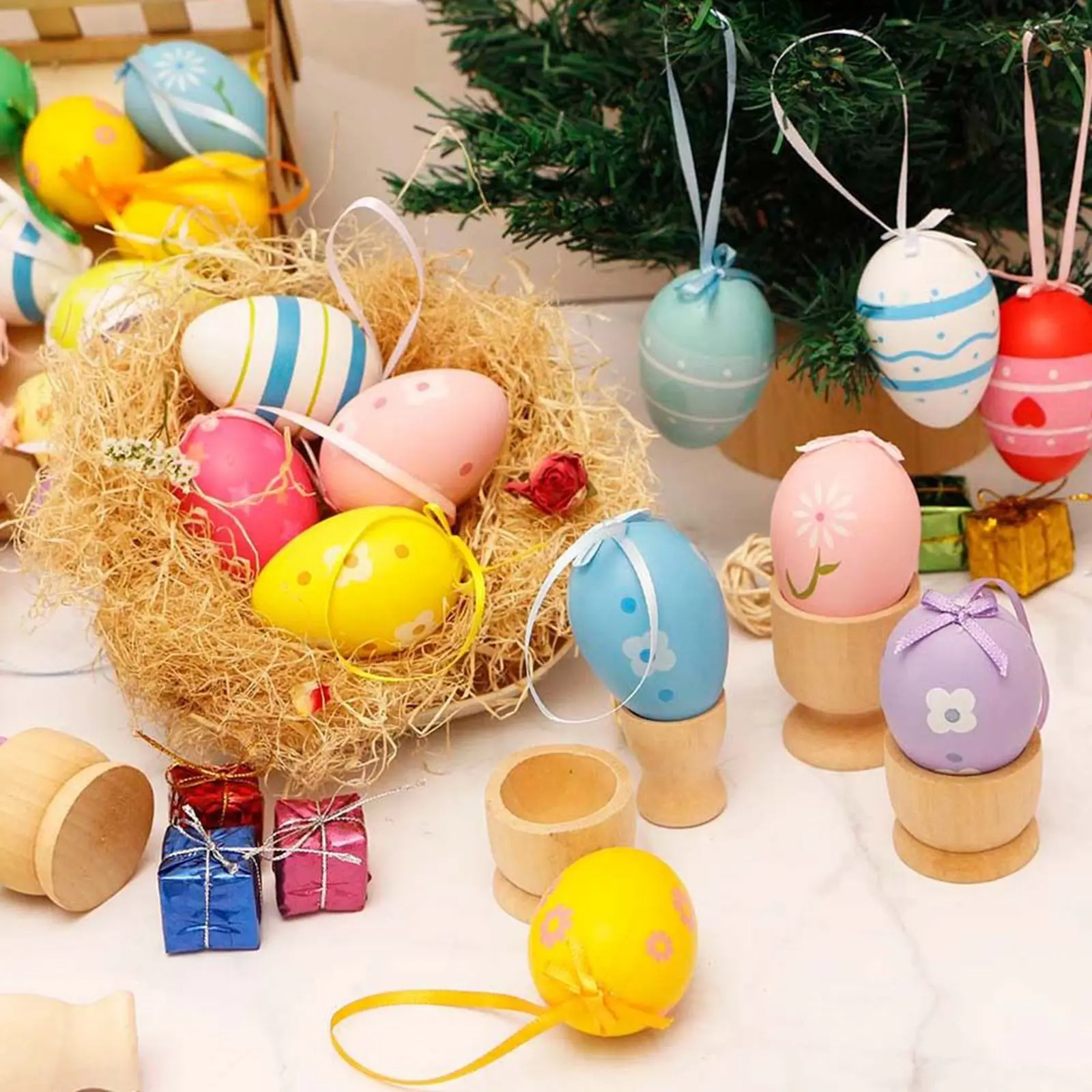 

12pcs Easter Eggs Colorful Painted Plastic Hanging Pendant DIY Ornament Easter Egg Crafts For Home Easter Party Supplies