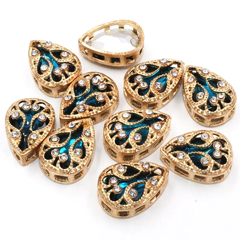 

New Arrival Peacock Blue 5pcs/Bag Drop Shape Crystal Glass Stone Sewing Rhinestones With Nest Gold Claw For DIY Jewelry Making