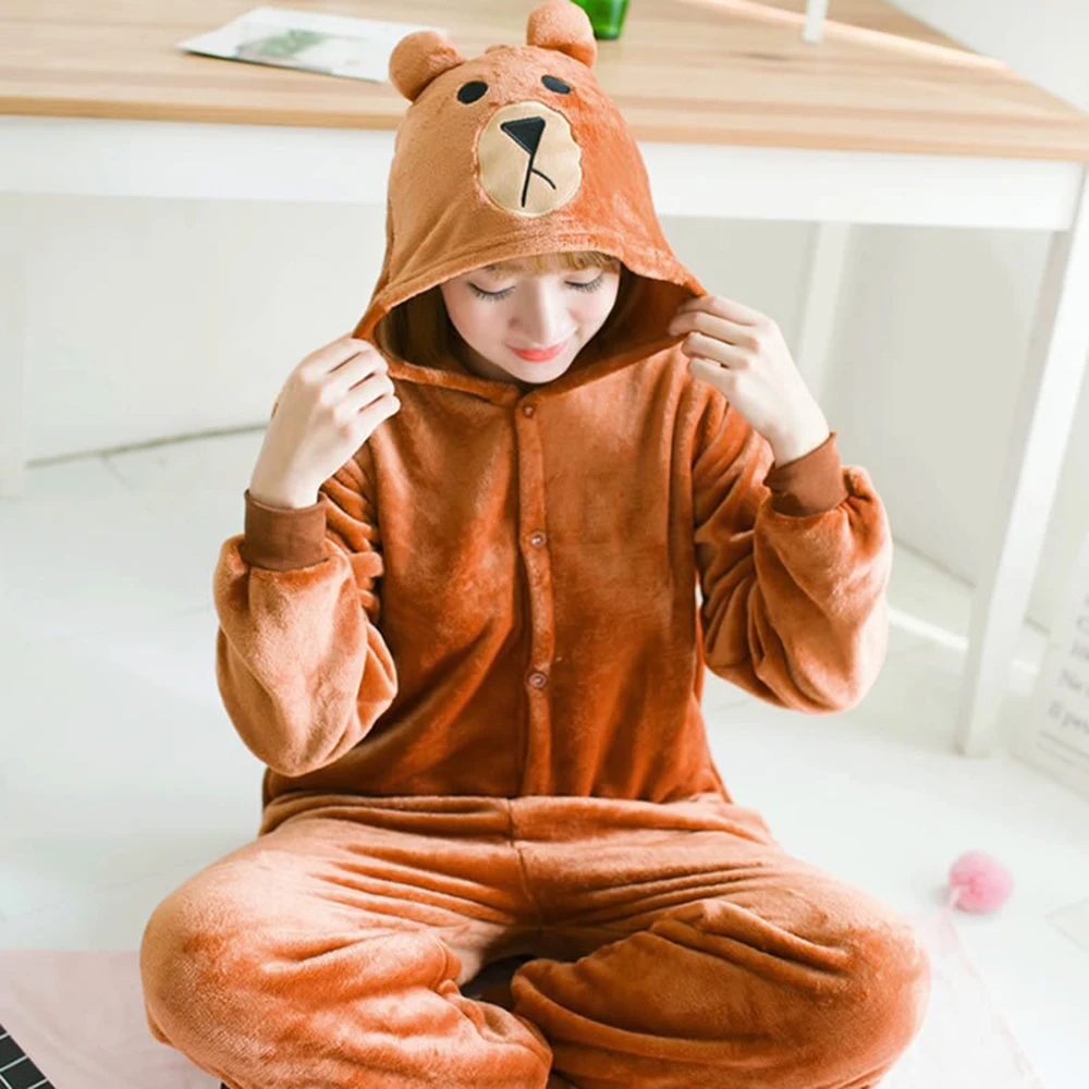 Unisex Bear Adult Onesie Flannel Cosplay Animal Plush One Piece Pajamas Halloween Christmas Costume Sleepwear Jumpsuit Homewear