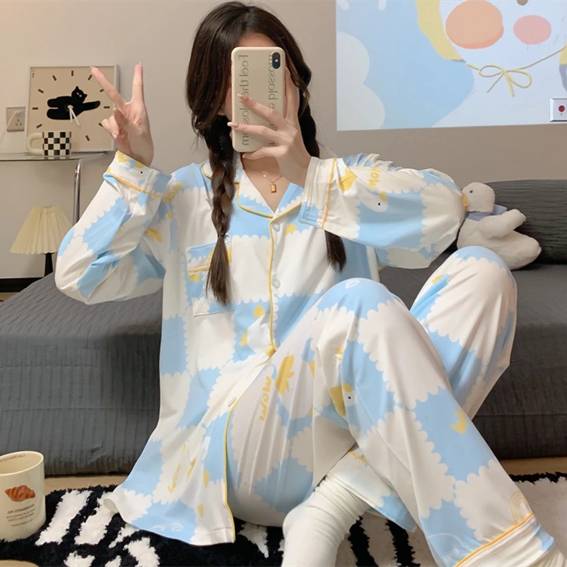 Spring Autumn Women Fashion Lapel Pajamas Faux Cotton Soft Long Sleepwear Stes