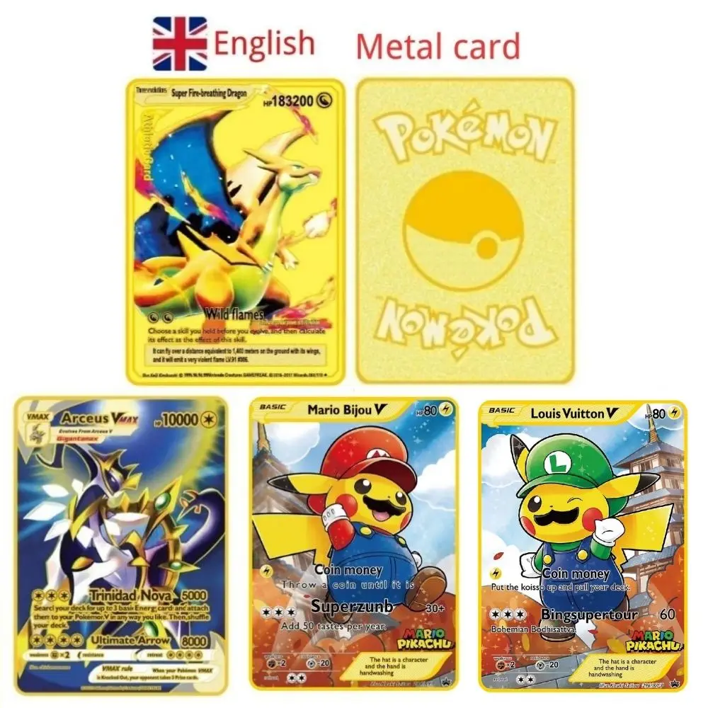 English pokemon cards gold metal  cards  hard iron  mewtwo pikachu gx charizard vmax package game collection