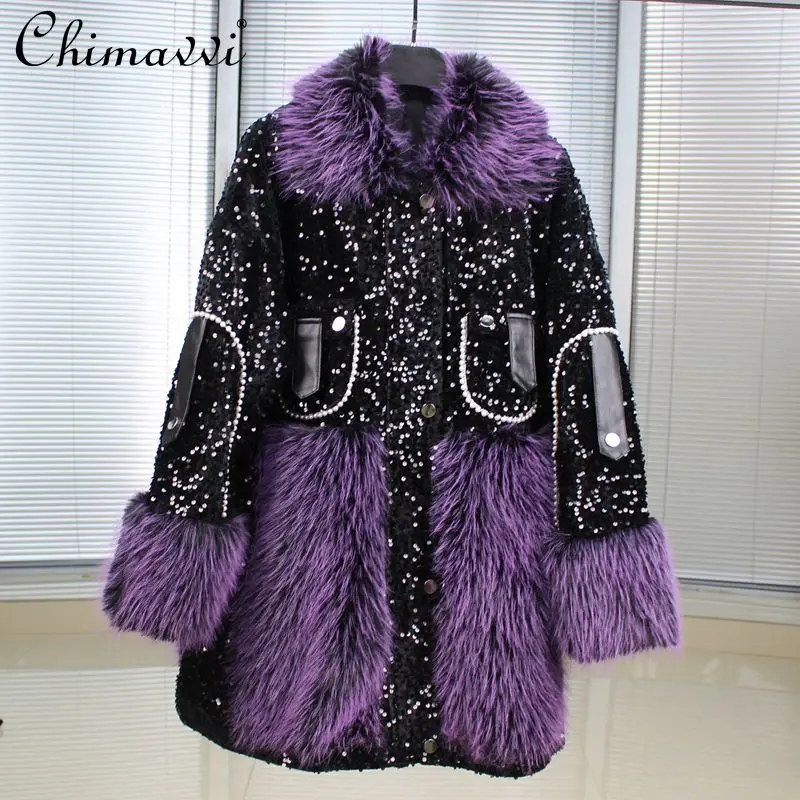 

Long Sleeve Purple Fur Coat Faux Fur 2022 New Wool Embroidery Sequins Fashion Winter Jacket Lady Korean Slimming Fur Overcoat