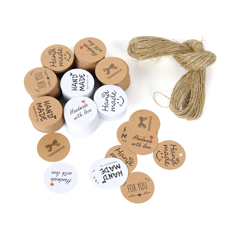 

100PCS Handmade Design Kraft Paper Tags with 20m Hemp Ropes Wedding Birthday Gift Candy Cookie Packing Label Cards Hang Tags
