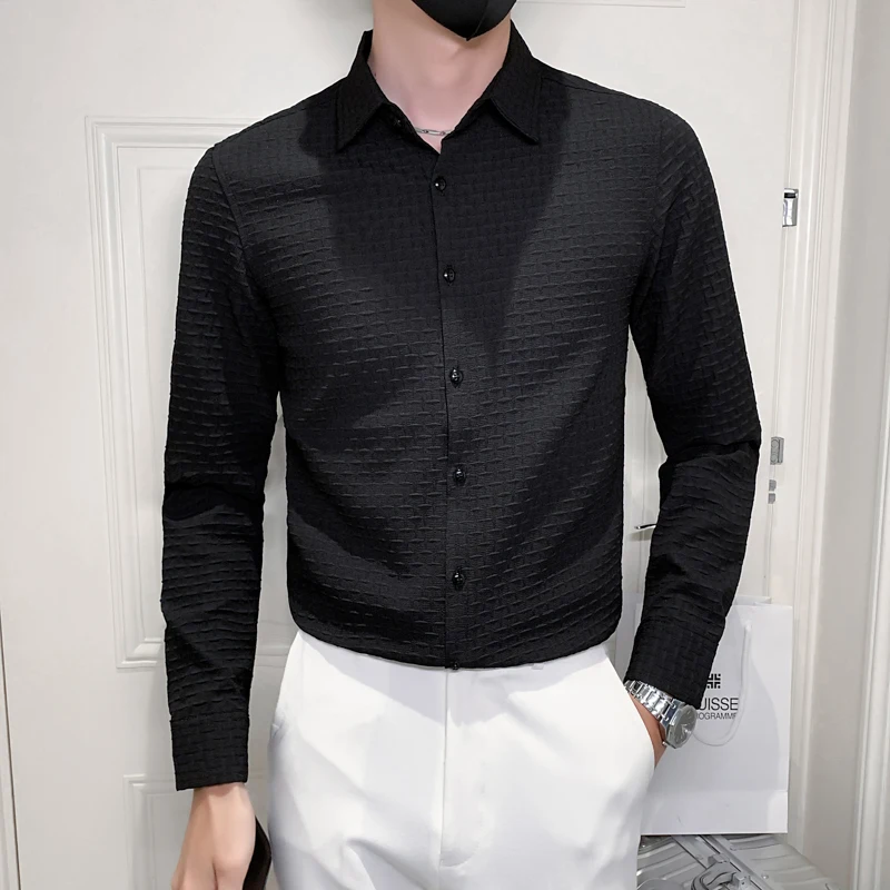 3D Plaid Men Shirts Long Sleeve Slim Business Formal Dress Shirt Casual Social Party Tuxedo Blouse Streetwear Camisa Masculina