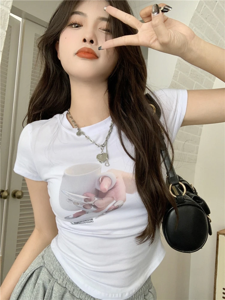 

Streetwear Korean Fashion Irregular Crop Tops Chic Graphic T-shirts Y2k Aesthetics Sexy Slim Tshirt Grunge Print Fairy Tee Sexy