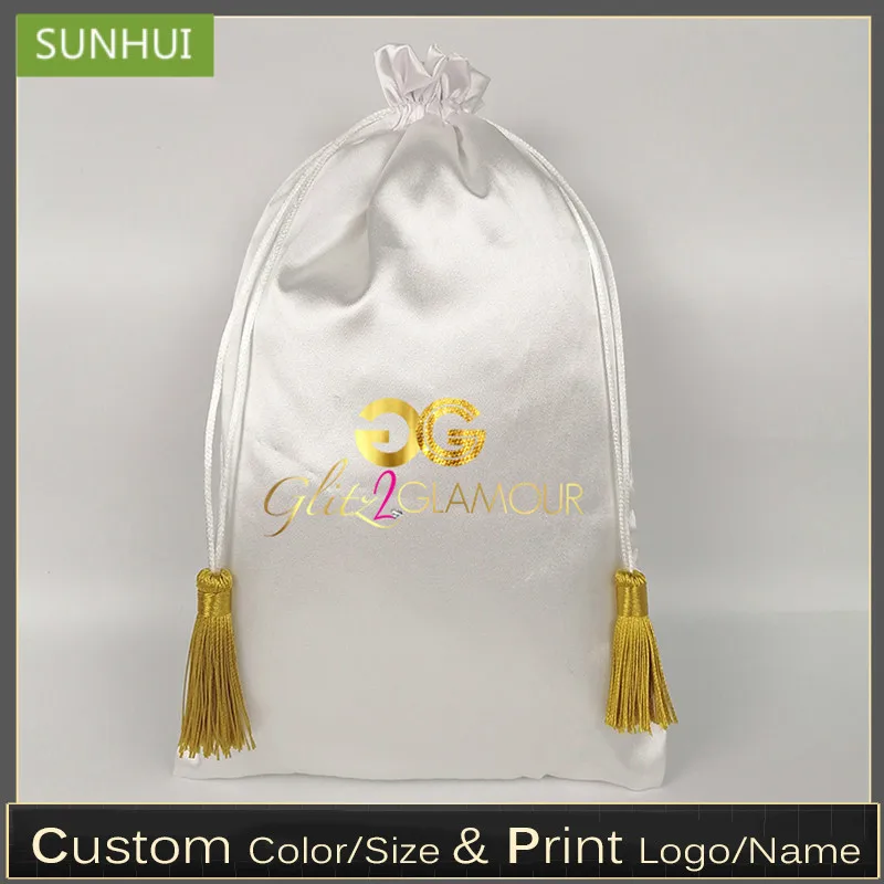 

Luxury Satin Hair Bag Custom Logo Drawstring Pouch Hair Wigs Extension Bags for Bundles 15x20/18x30/30x40cm Makeup Jewelry Pouch