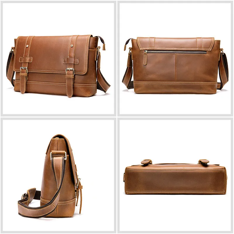 Vintage crazy horse cowhide men's messenger bag designer outdoor travel luxury natural genuine leather work tablet shoulder bag