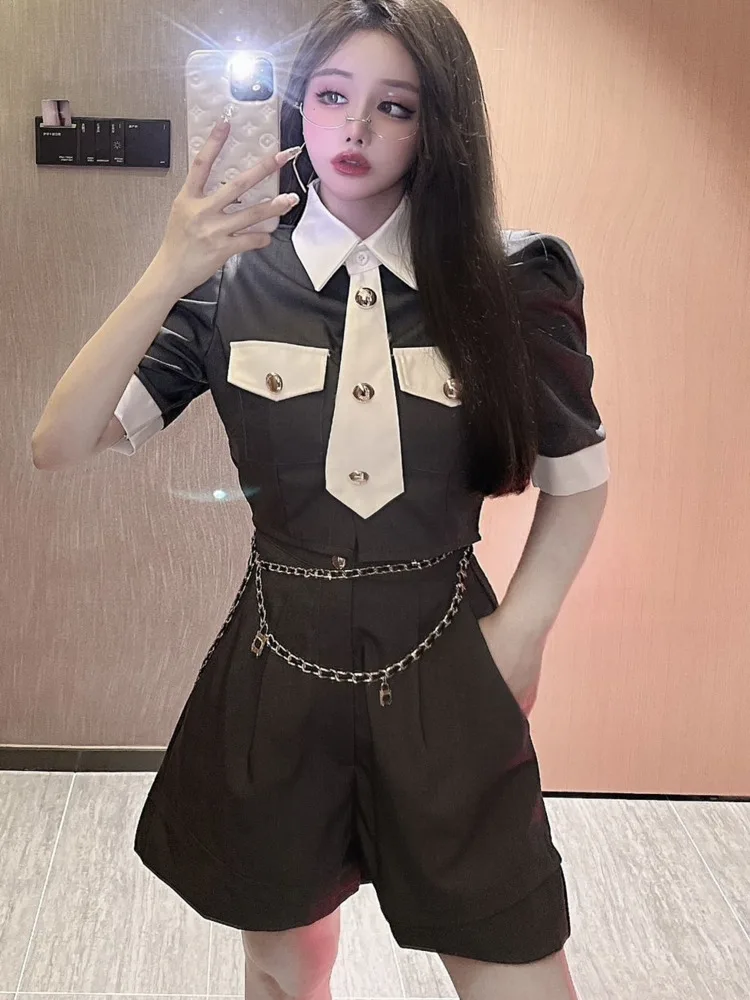 

2022 Summer Vintage Small Fragrance 2 Piece Set Women Color Contrast Shirt Blouse Crop Top + High Waist Shorts Two-piece Suits