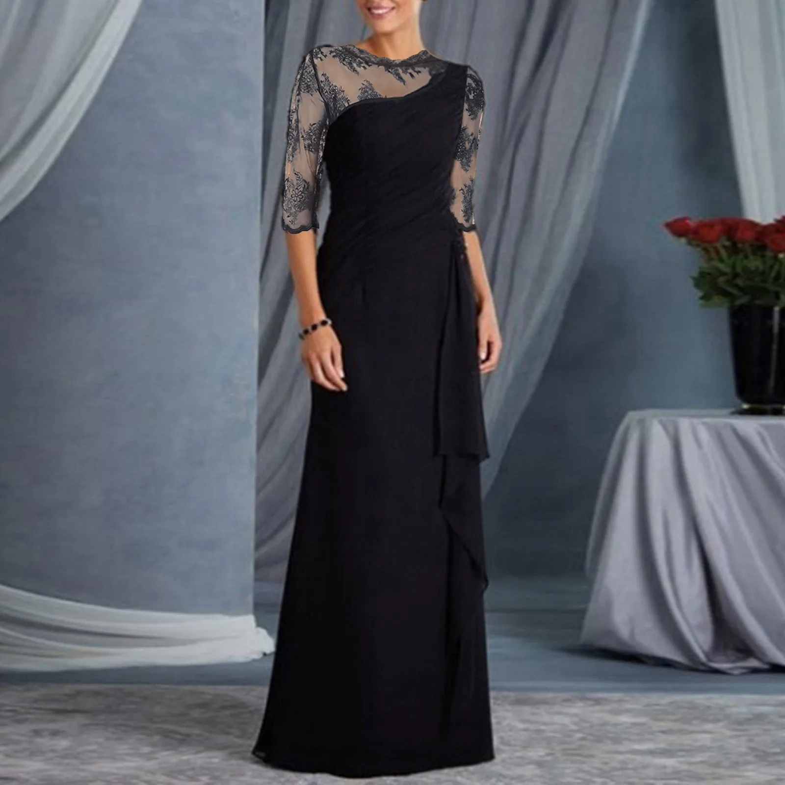 

Женское длинное кружевное платье, элегантное платье с круглым вырезом и коротким рукавом, модное элегантное платье, Формальные платья, корс...