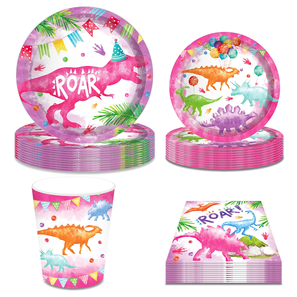 

Розовый мультяшный динозавр дикие животные джунгли набор одноразовой посуды на день рождения Женская тарелка для вечеринки салфетки Декор