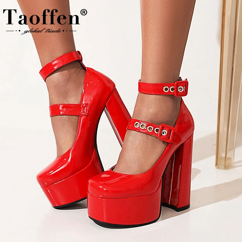 

Taoffen New 2022 Women High Heel Shoes Patent Leather Ankle Strap Sexy Ladies Pumps Ins Hot Party Club Footwear Size 35-41