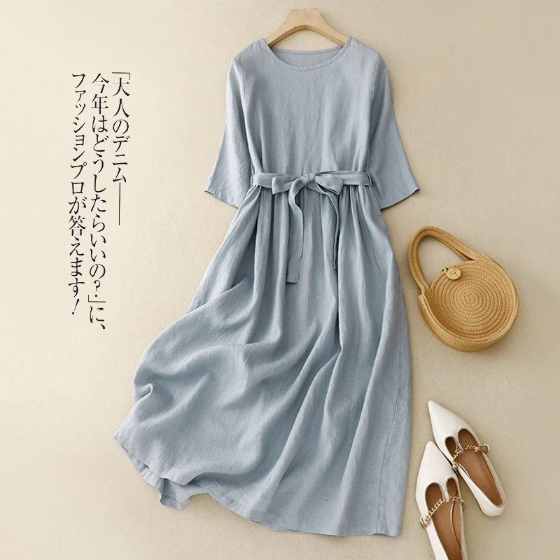 

Sweet Commuter Female Long Skirt Thin Cotton Lineen High Elastic Lace Up Button Casual Loose New 2023 Arrival Summer Dress X7855