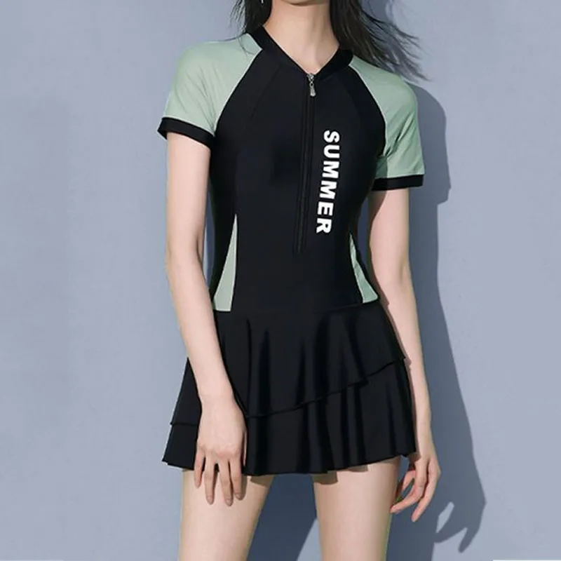 2023 Female Short Sleeve One-Piece Swimsuit Women Zipper Surfing Bodysuit Sexy Swimwear Sun Protection Bathing Swimming Suits