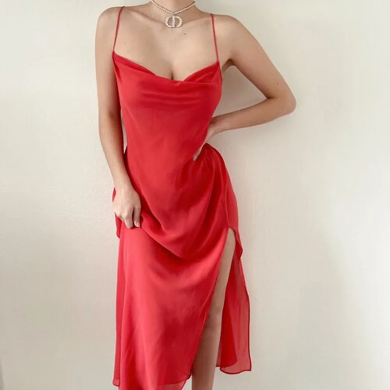 

Ladies Dress Knee-length Straps Sleeveless Sexy Party Elegant Dress Ladies Soft Satin Silk Black Robe Female V-neck Skirt Women