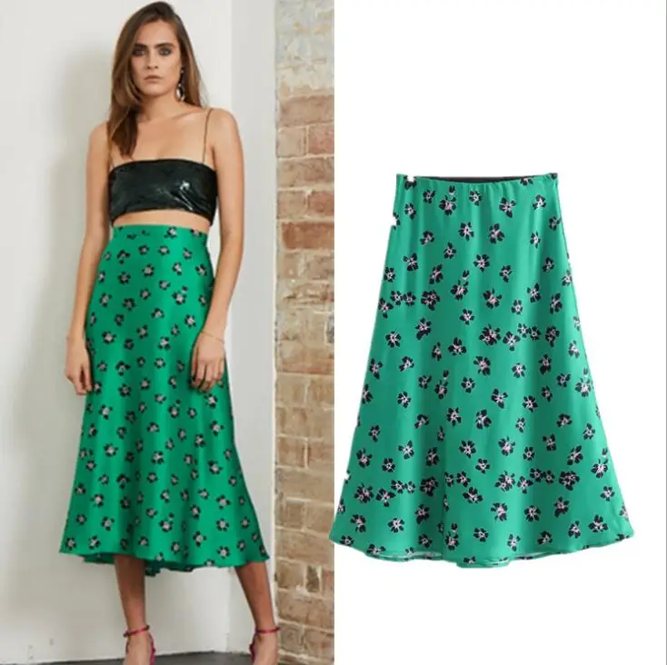 Women skirt High Waist Vintage Fashion Summer A-line Midi Skirts Slim Floral Green Print Beach Holiday Female Skirt