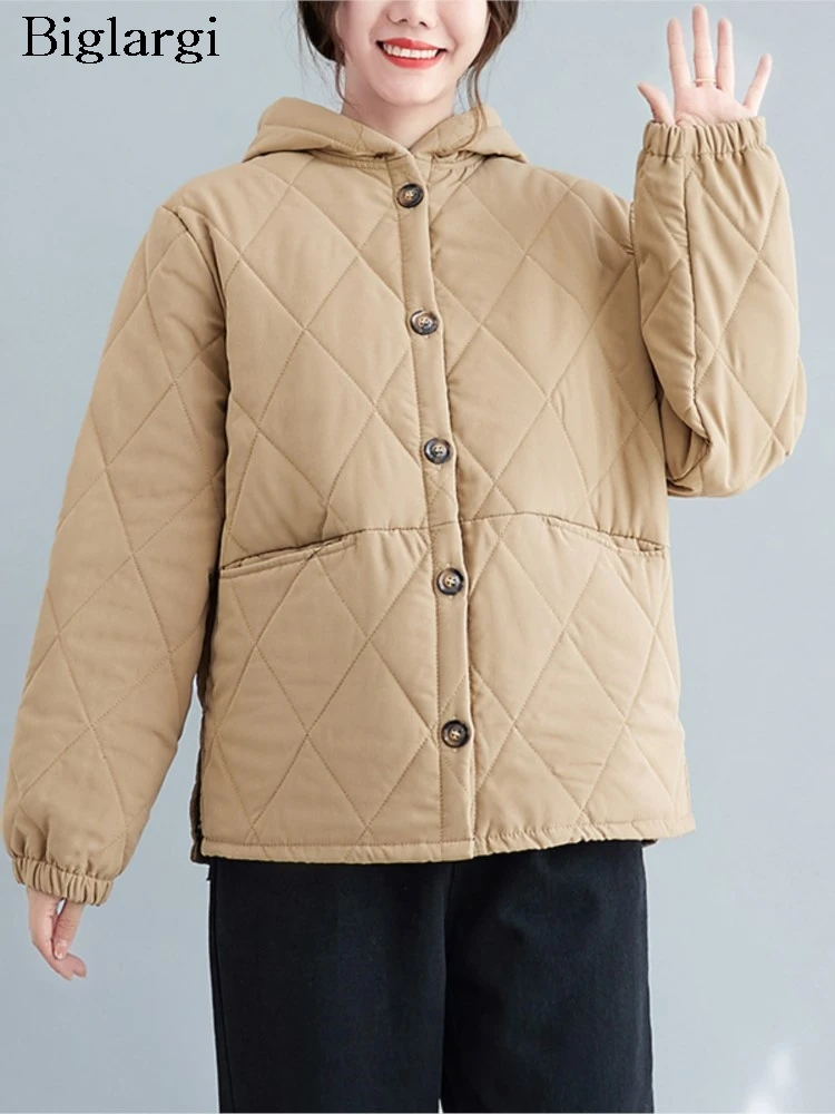 Оверсайз осенне-зимнее стеганое хлопковое пальто с капюшоном женское клетчатое