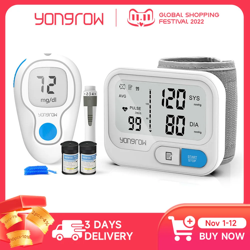 

Yongrow Blood Glucose Meter 50PCS Test Strips & Lancets and Medical Digital Automatic Wrist Blood Pressure Monitor Health Care