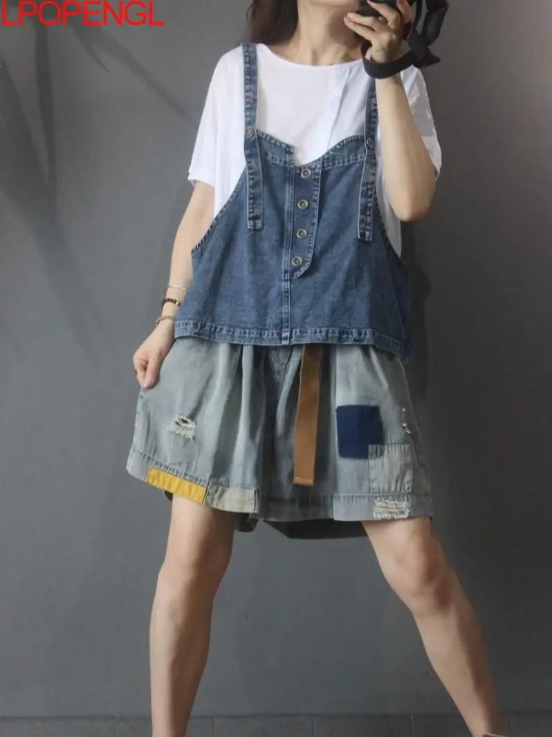 Женский джинсовый жилет на бретелях винтажный ковбойский большого размера без