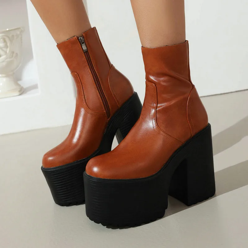 

ENMAYER сапоги на очень высокой платформе с круглым носком на толстом каблуке в британском стиле ретро женские сапоги средней длины боковая молния плюшевая внутренняя толстая подошва