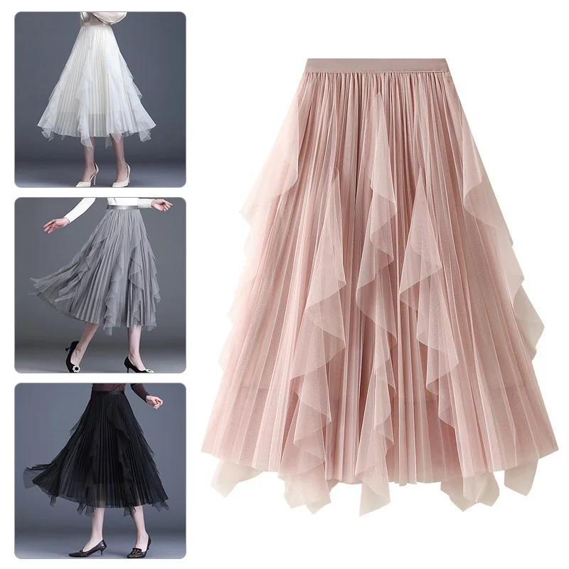 

Женская плиссированная юбка средней длины, осенне-зимняя сетчатая юбка с высокой талией и оборками