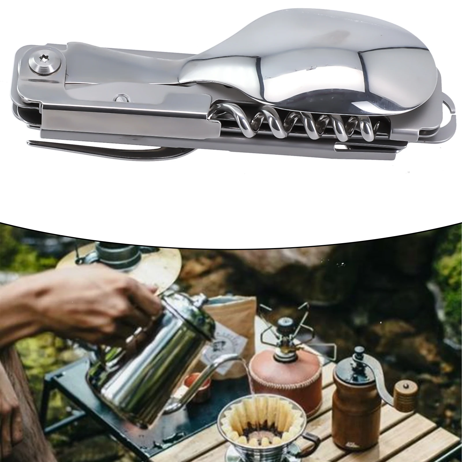 

6-in-1 Camping Utensil Set Cutter Fork Spoon Bottle/can Opener Corkscrew Multi-Functional Compact Portable Camping Equipment