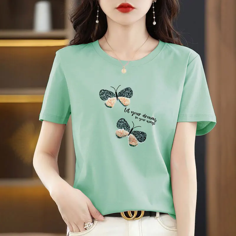 Мятно-зеленая футболка из чистого хлопка женская одежда свободная модная с