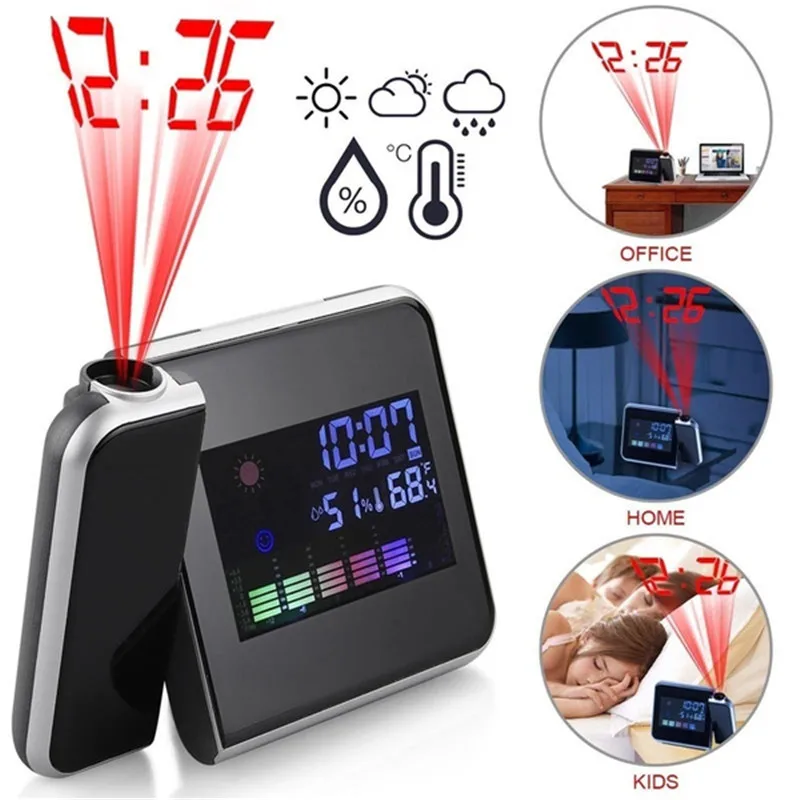 

Home Digital LED Display Clock 180° Time Projection Alarm Clock Snooze Function Weather Temperature Humidity USB Desk Clock