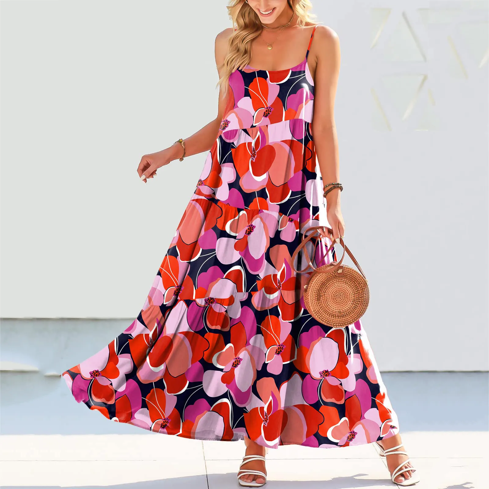 

Женское Летнее цветочное повседневное свободное платье, Пляжное Платье-накидка на тонких бретельках, Длинные Макси-Платья на бретельках