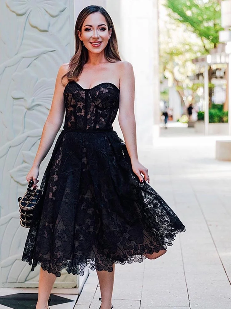 

Women Sexy Strapless Printed Lace Dress Female Elegant Sleeveless Banquet Dresses 2022 Summer Solid Backless Evening Wear