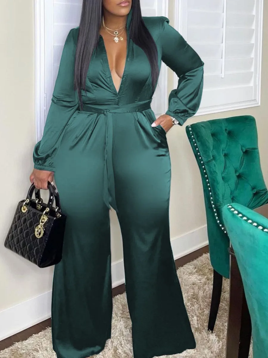 

LW One Piece Outfit Women 2022 Autumn V Neck Solid Color Bandage Design Pocket Cool Style Wide Leg Jumpsuit for Vocation
