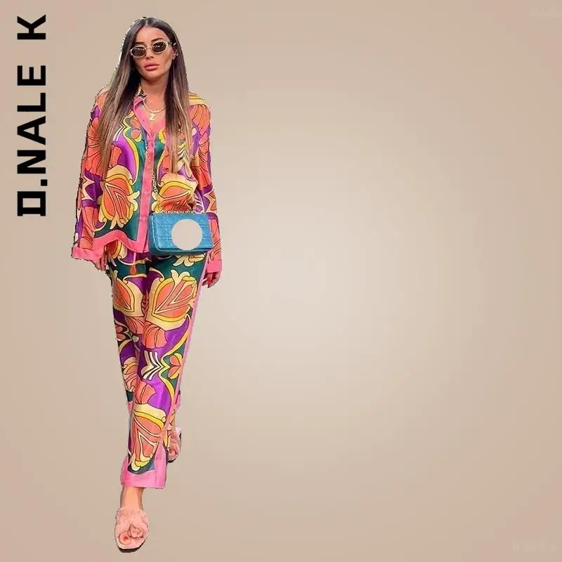 D.Nale K Women's Suit New Fashion Print Elegant 2022 New Elastic Waist Straight 2 Piece set Suit Casual Chic Youth Vacation