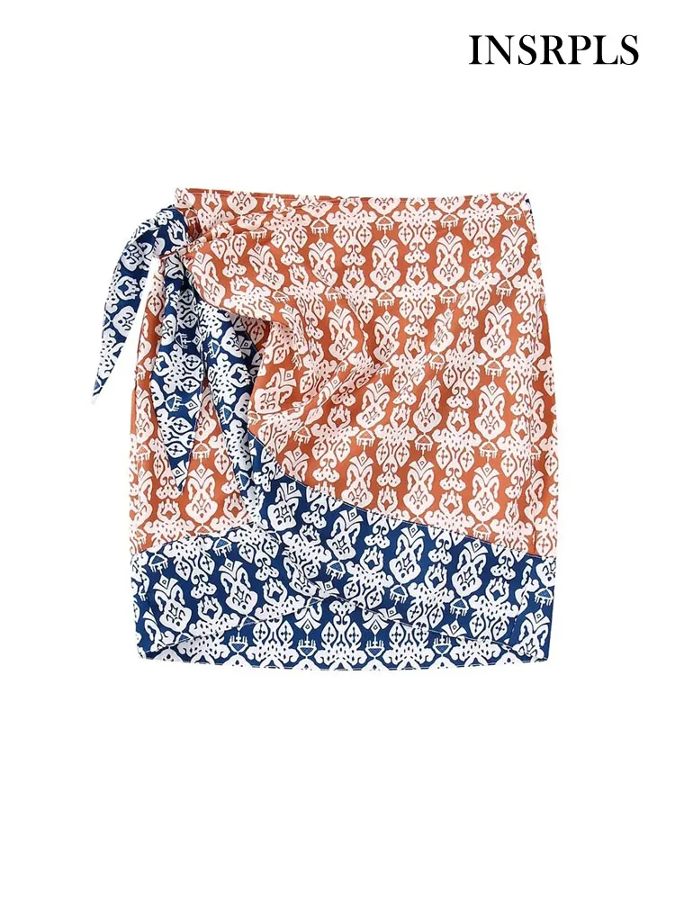 

INSRPLS Women Fashion Printed Wrap Sarong Mini Skirt Vintage High Waist With Bow Tied Female Skirts Mujer